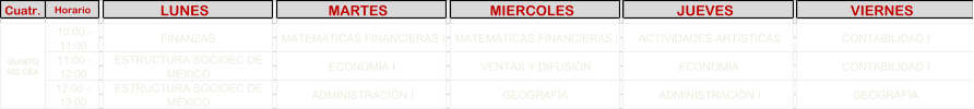 Cuatr. Horario LUNES   MARTES   MIERCOLES   JUEVES   VIERNES   GEOGRAF�A CONTABILIDAD I CONTABILIDAD I ECONOM�A ACTIVIDADES ART�STICAS ADMINISTRACI�N I FINANZAS ESTRUCTURA SOCIOEC DE  M�XICO ESTRUCTURA SOCIOEC DE  M�XICO MATEM�TICAS FINANCIERAS I VENTAS Y DIFUSI�N GEOGRAF�A ECONOM�A I ADMINISTRACI�N I MATEM�TICAS FINANCIERAS I QUINTO  502 CEA  10:00 -  11:00  11:00 -  12:00 12:00 -  13:00