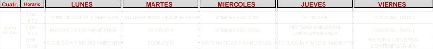 Cuatr. Horario LUNES   MARTES   MIERCOLES   JUEVES   VIERNES   CONTABILIDAD II CONTABILIDAD II HISTORIA UNIVERSAL  CONTEMPOR�NEA FILOSOF�A HISTORIA UNIVERSAL  CONTEMPOR�NEA ECOLOG�A Y MEDIO AMBIENTE ADMINISTRACI�N II ADMINISTRACI�N II MATEM�TICAS FINANCIERAS II PROYECTO EMPRENDEDOR ECOLOG�A Y MEDIO AMBIENTE MATEM�TICAS FINANCIERAS II FILOSOF�A ECONOM�A COMUNICACI�N Y EMPRESA SEXTO  601 CEA 7:00 -  8:00 8:00 -  9:00 9:00 -  10:00